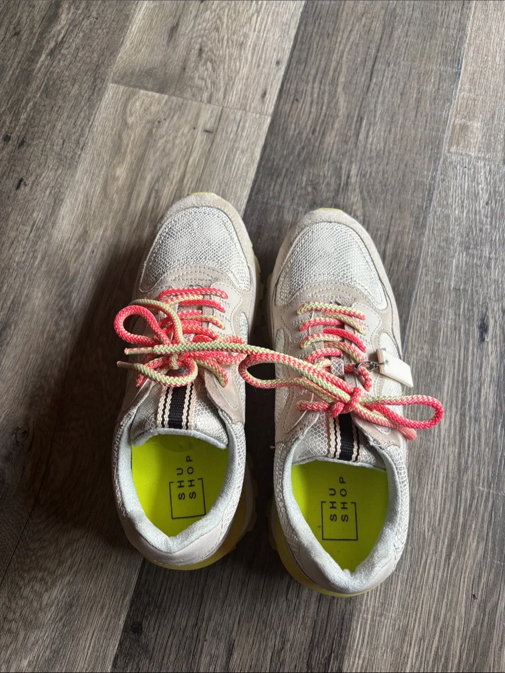 ShuShop Beige Sneakers with Neon Pink and Yellow Accents